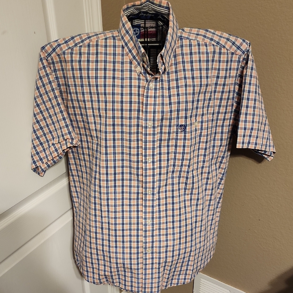 George Strait Wrangler Blue and Salmon Plaid Button Down